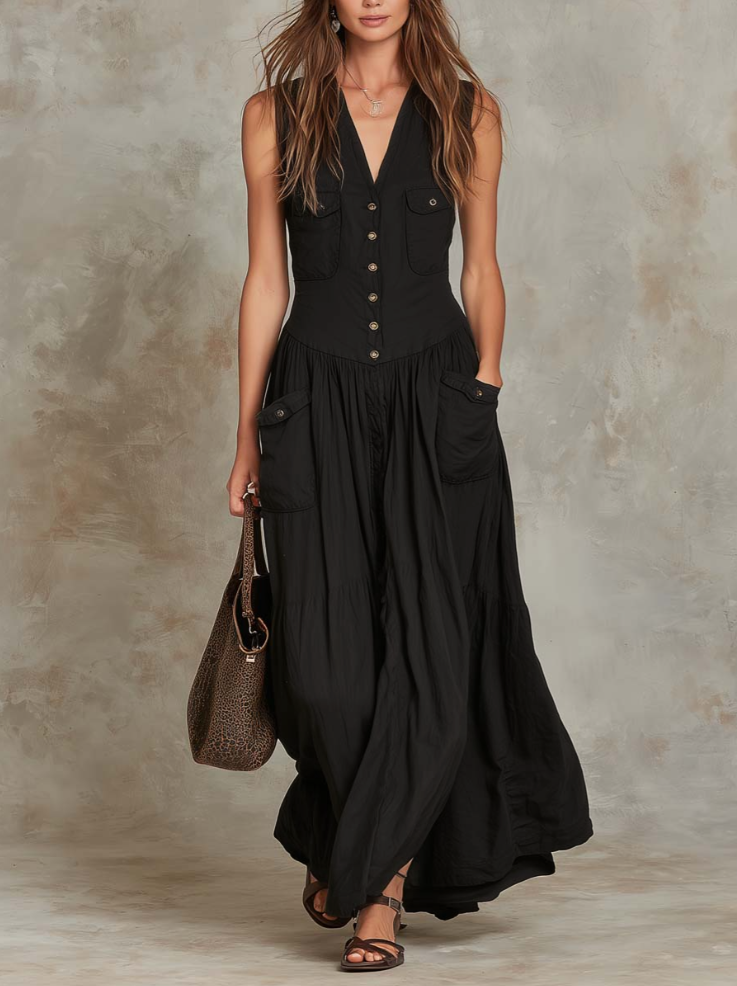 Robe Longue Rétro à Poches