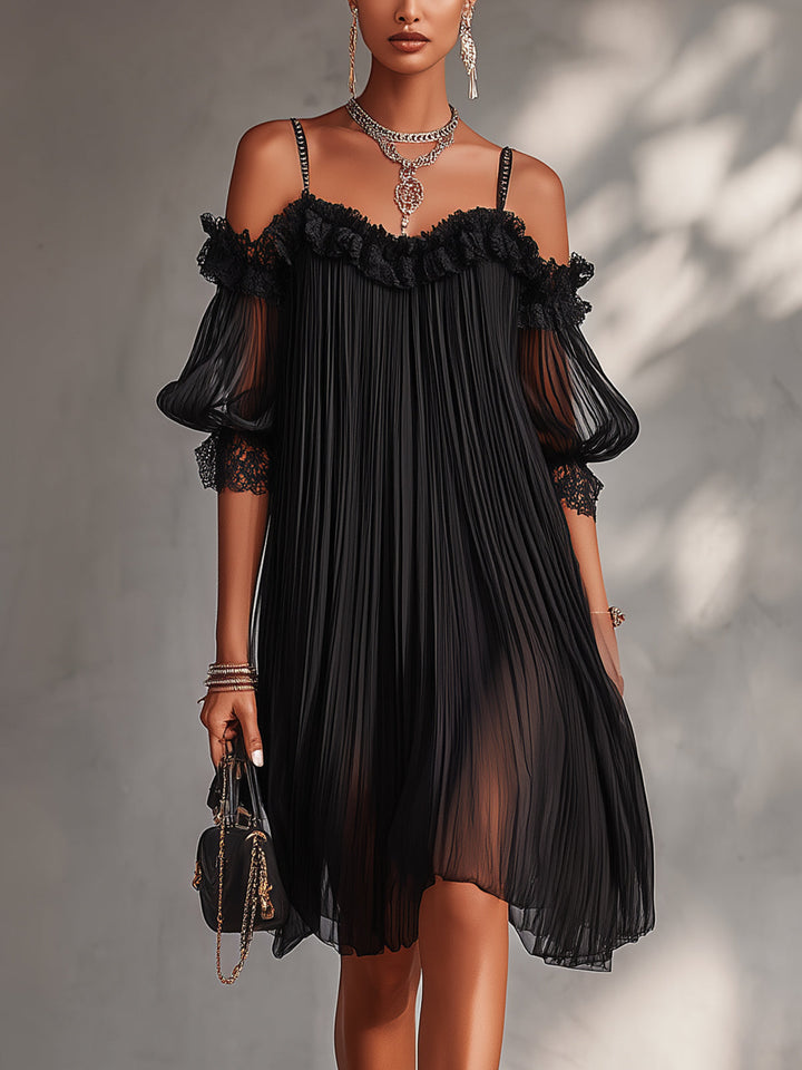 Vittoria | Robe Mini Chiffon Noire à Épaules Nues