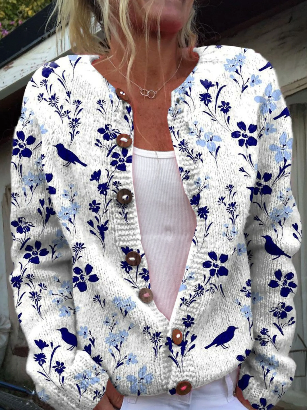 Hazel™ | Gilet en Tricot à Boutons avec Imprimé Floral Vintage et Oiseaux