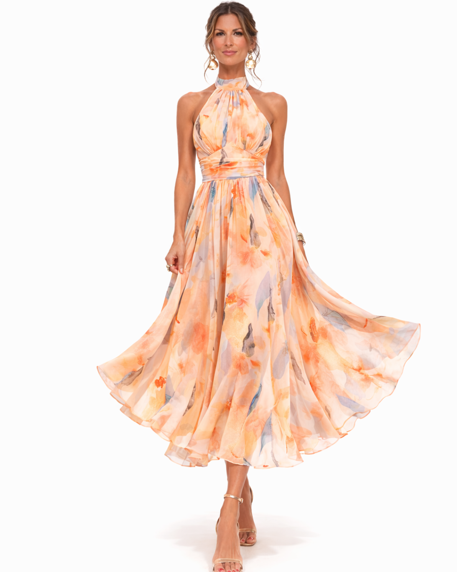 Aurora | Robe à Col Halter et Motif Aquarelle