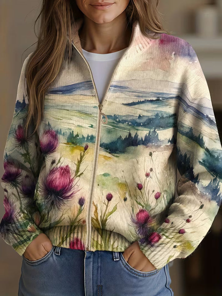 Zelda™ | Cardigan zippé paysage de chardon écossais