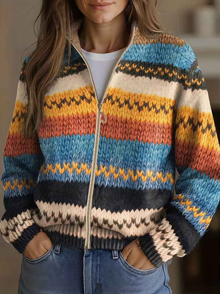 Yseult™ | Cardigan en Tricot à Rayures Zigzag Multicolores