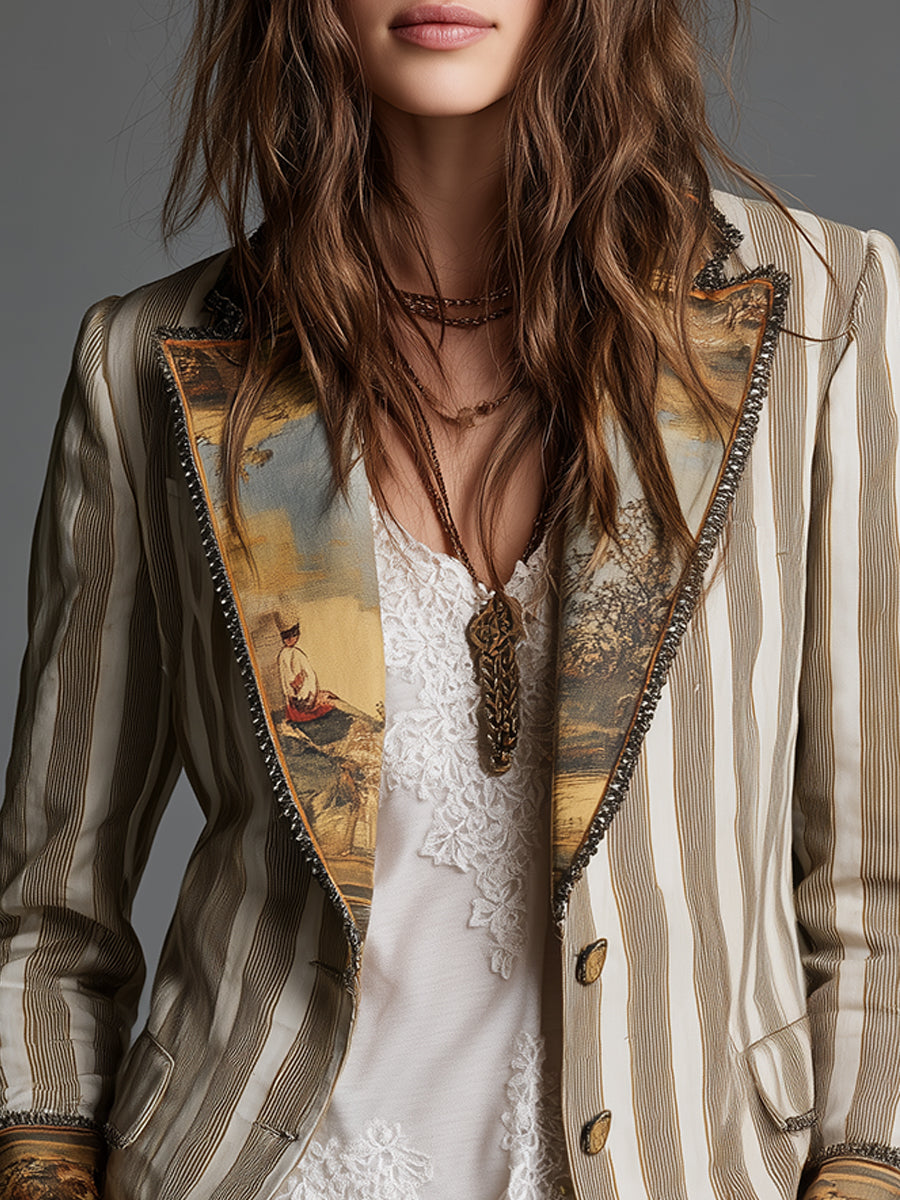 Suzanne | Blazer Bohème Rayé à Col Imprimé