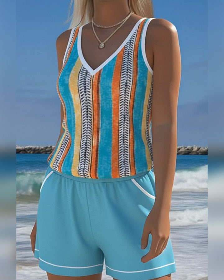 Mia | Tankini à Rayures avec Décolleté en V