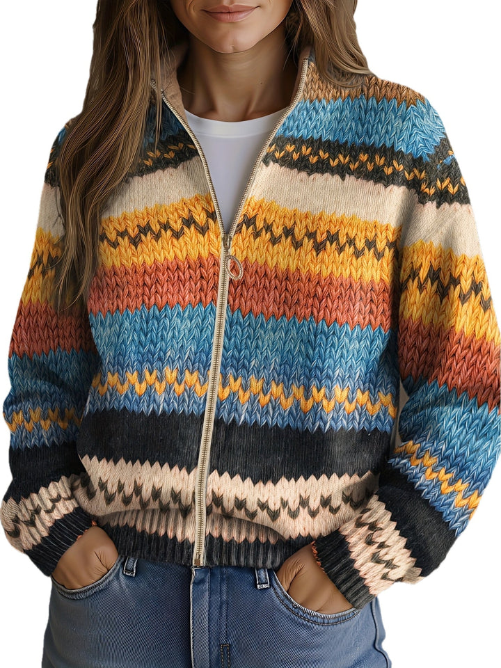 Yseult™ | Cardigan en Tricot à Rayures Zigzag Multicolores