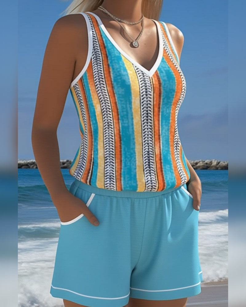 Mia | Tankini à Rayures avec Décolleté en V