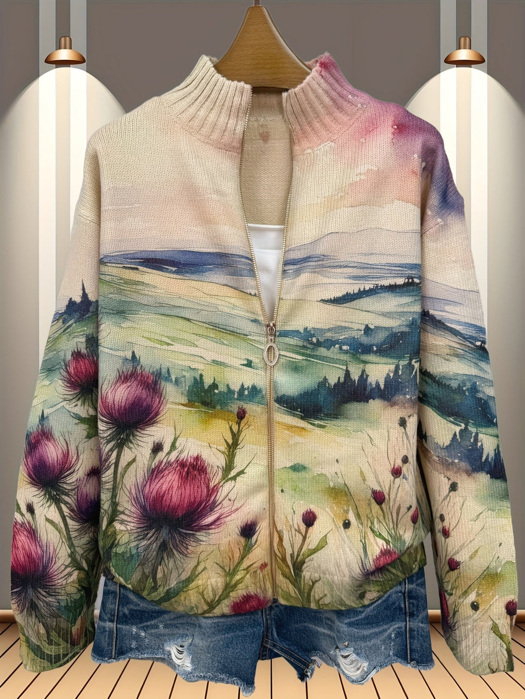 Zelda™ | Cardigan zippé paysage de chardon écossais