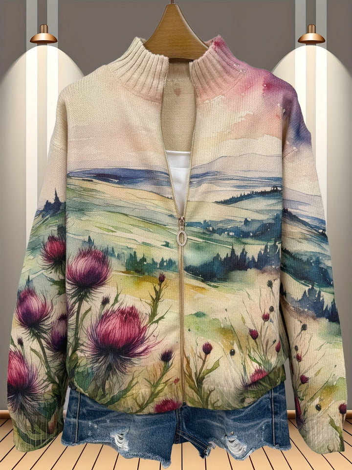 Zelda™ | Cardigan zippé paysage de chardon écossais
