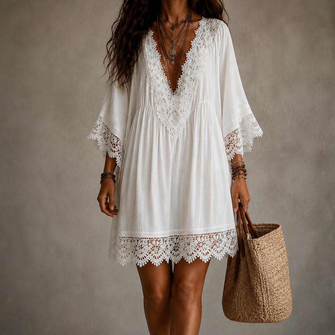Élodie | Robe Midi Élégante à Col en V et Dentelle