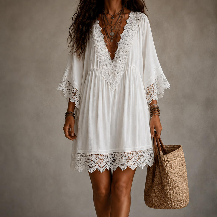 Élodie | Robe Midi Élégante à Col en V et Dentelle