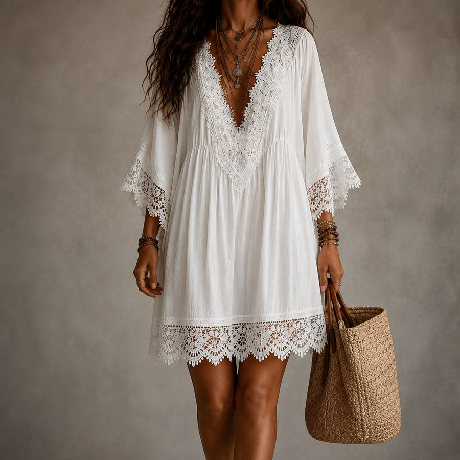 Élodie | Robe Midi Élégante à Col en V et Dentelle
