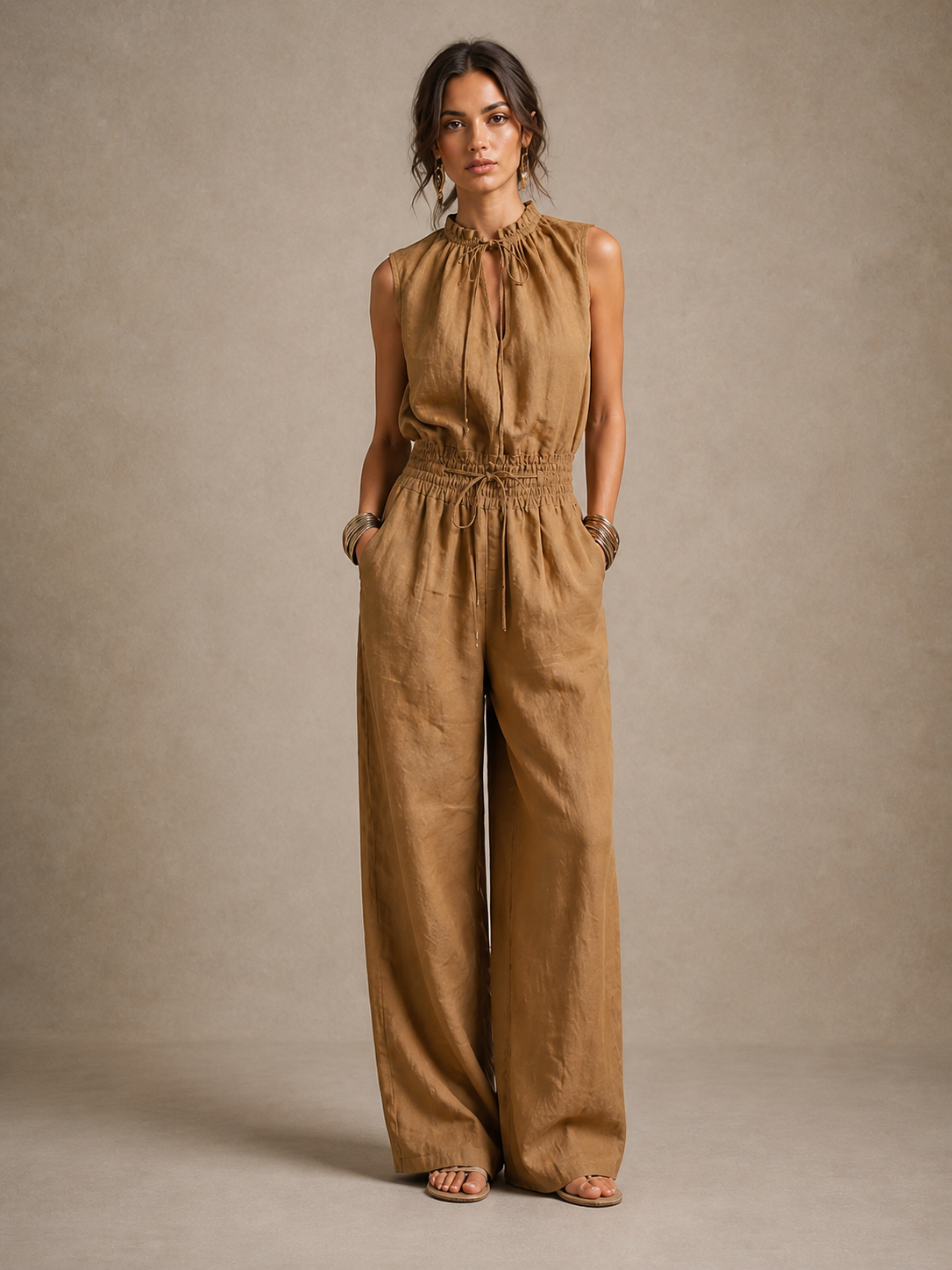 Zenaide | Combinaison Camel à Col Noué et Jambes Larges