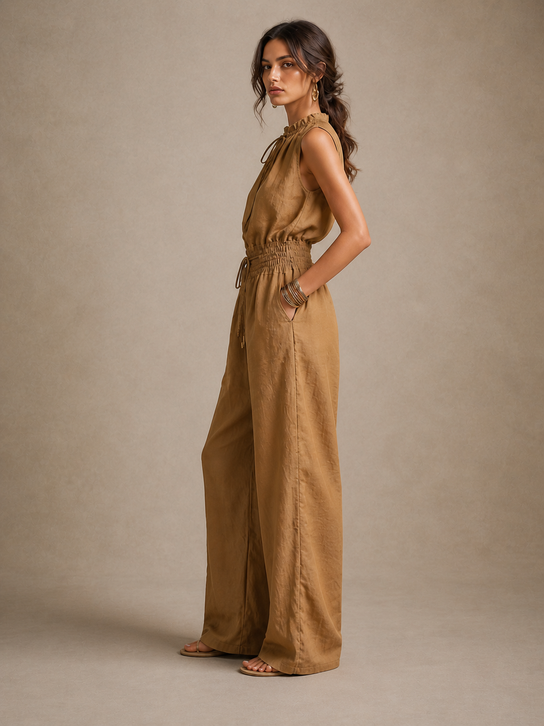 Zenaide | Combinaison Camel à Col Noué et Jambes Larges