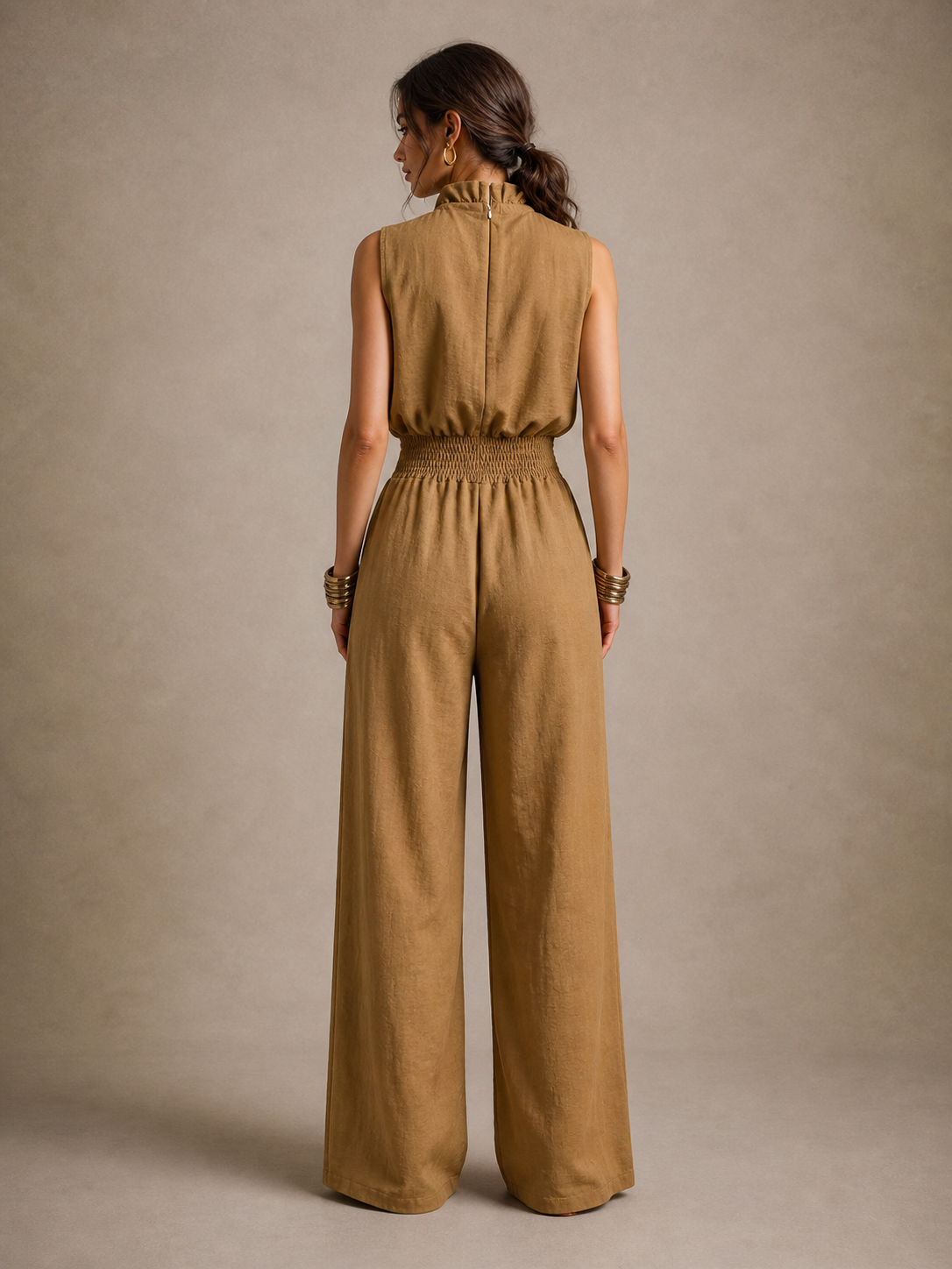 Zenaide | Combinaison Camel à Col Noué et Jambes Larges