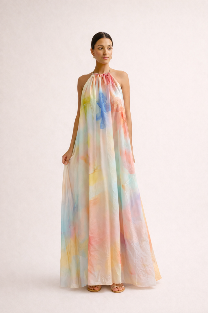 Lina - Robe longue dos nu à imprimé aquarelle