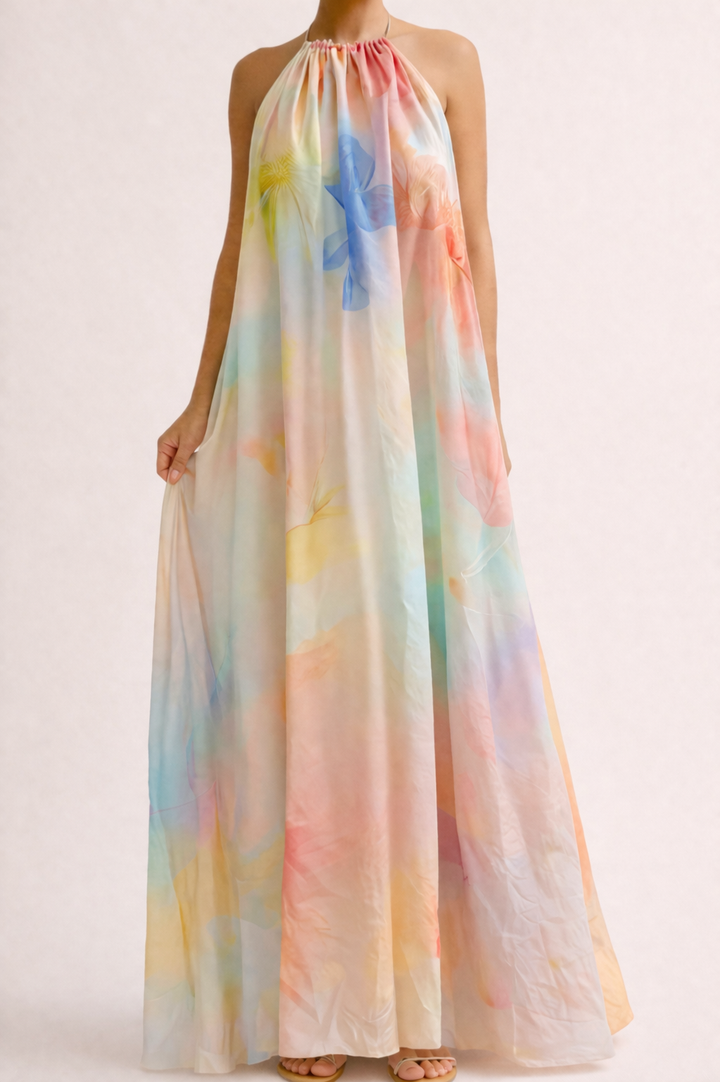 Lina - Robe longue dos nu à imprimé aquarelle