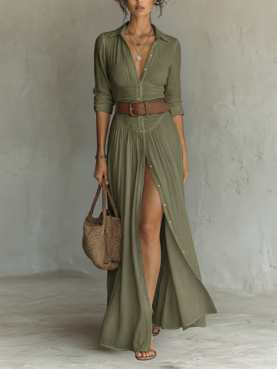 Robe Maxi Longue avec Col Revers et Manches Longues en Lin pour Femme