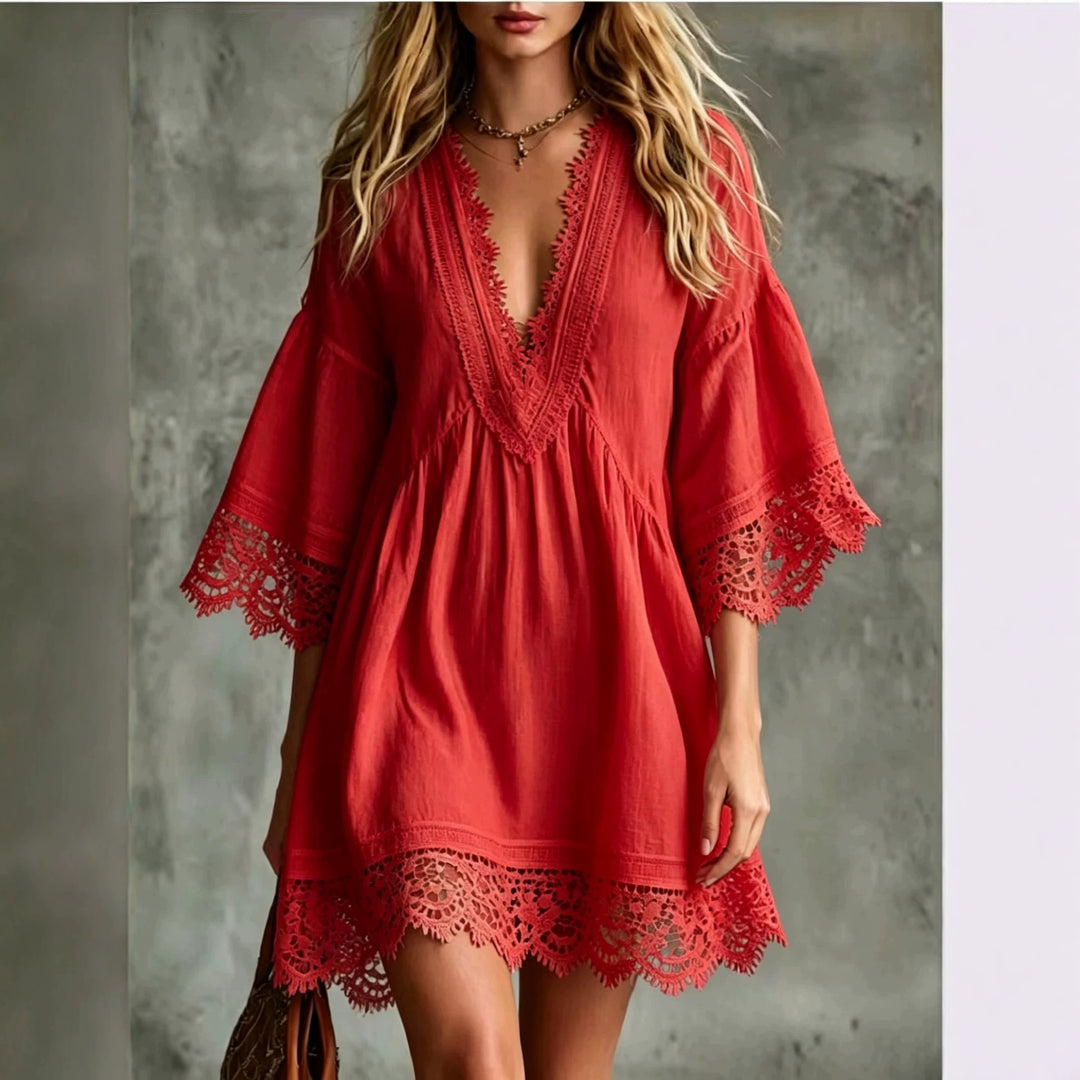 Élodie | Robe Midi Élégante à Col en V et Dentelle