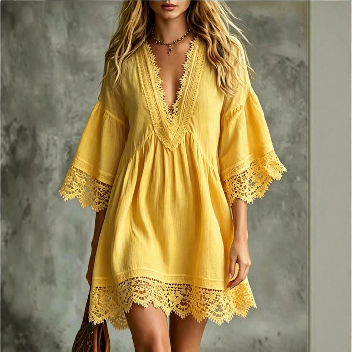 Élodie | Robe Midi Élégante à Col en V et Dentelle