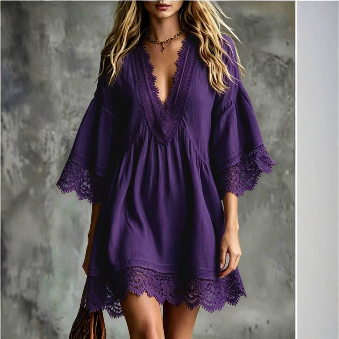 Élodie | Robe Midi Élégante à Col en V et Dentelle