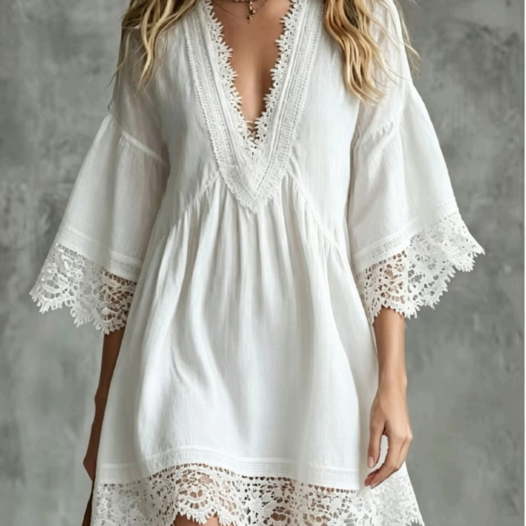 Élodie | Robe Midi Élégante à Col en V et Dentelle