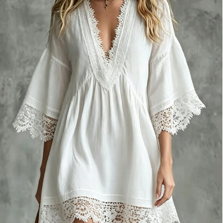 Élodie | Robe Midi Élégante à Col en V et Dentelle