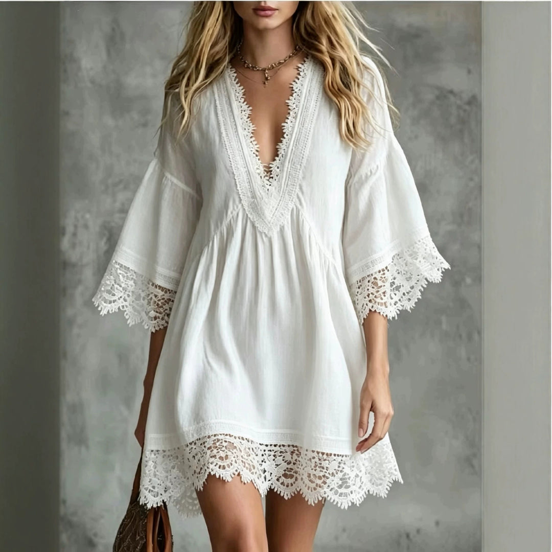 Élodie | Robe Midi Élégante à Col en V et Dentelle