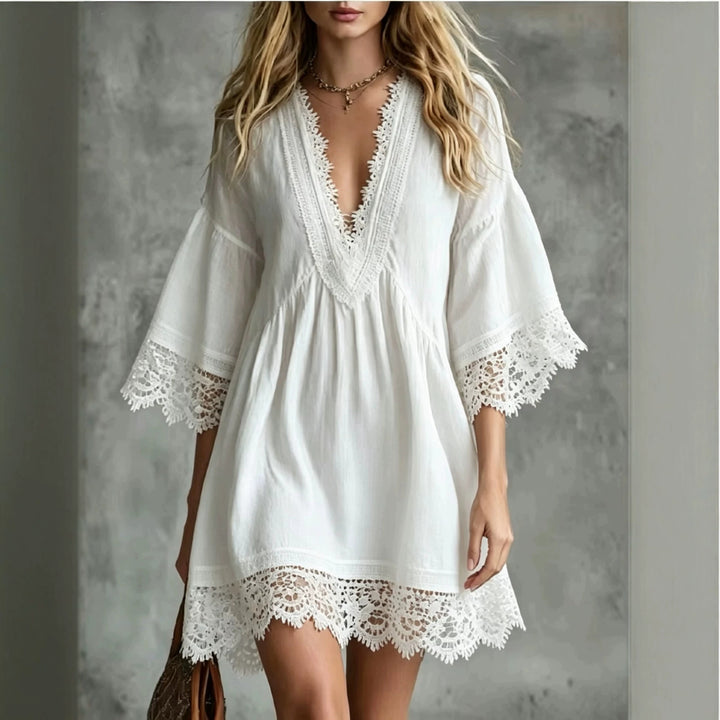 Élodie | Robe Midi Élégante à Col en V et Dentelle