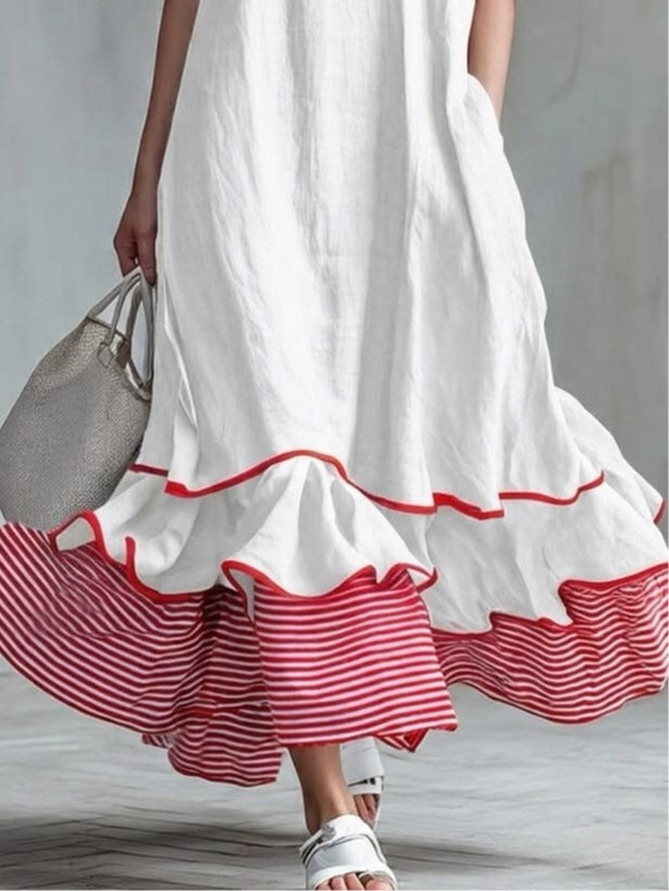 Agata | Robe Longue à Rayures Rouges et Volants