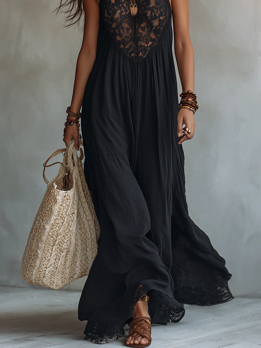 Philomène | Robe Longue à Col Halter et Dentelle