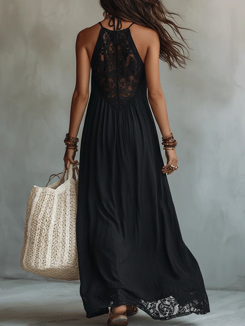 Philomène | Robe Longue à Col Halter et Dentelle