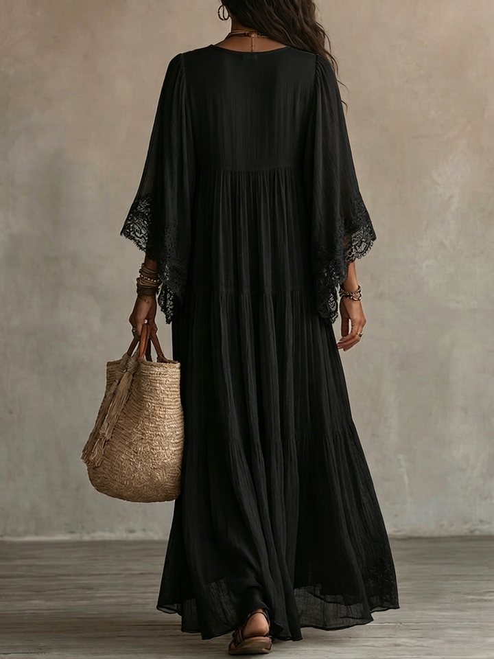 Celeste | Robe Longue à Manches Chauve-Souris et Dentelle