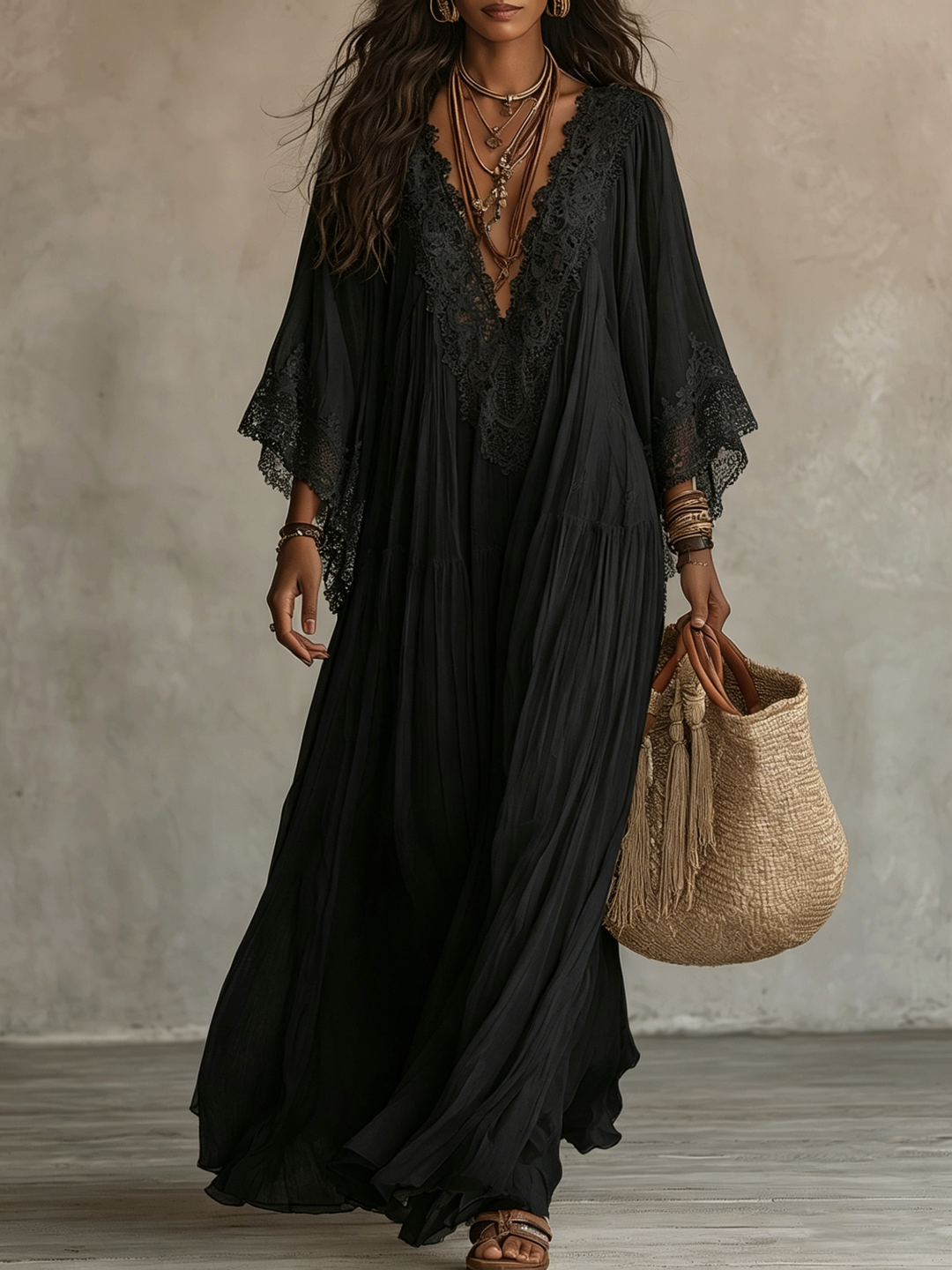 Celeste | Robe Longue à Manches Chauve-Souris et Dentelle