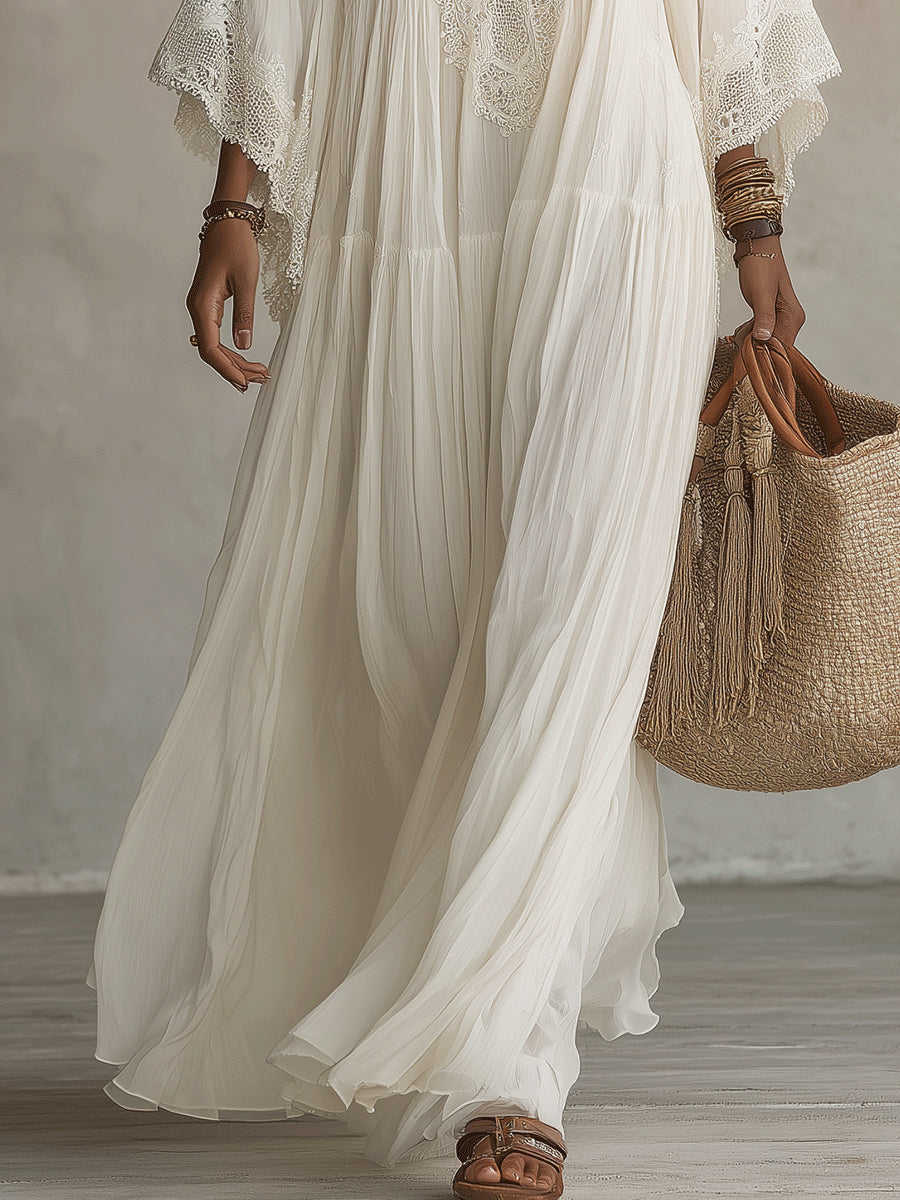 Celeste | Robe Longue à Manches Chauve-Souris et Dentelle