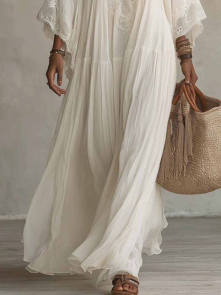Celeste | Robe Longue à Manches Chauve-Souris et Dentelle