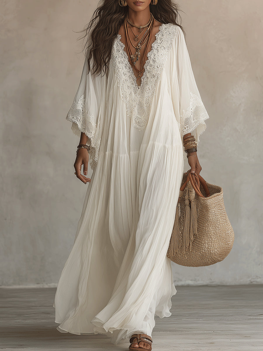 Celeste | Robe Longue à Manches Chauve-Souris et Dentelle
