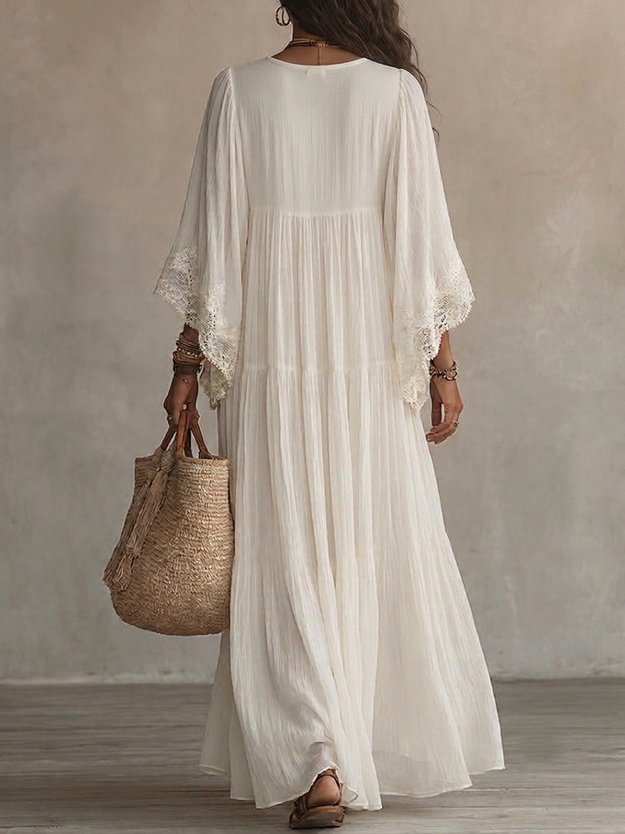 Celeste | Robe Longue à Manches Chauve-Souris et Dentelle
