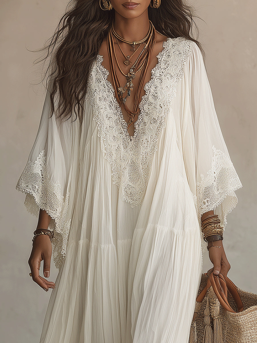 Celeste | Robe Longue à Manches Chauve-Souris et Dentelle