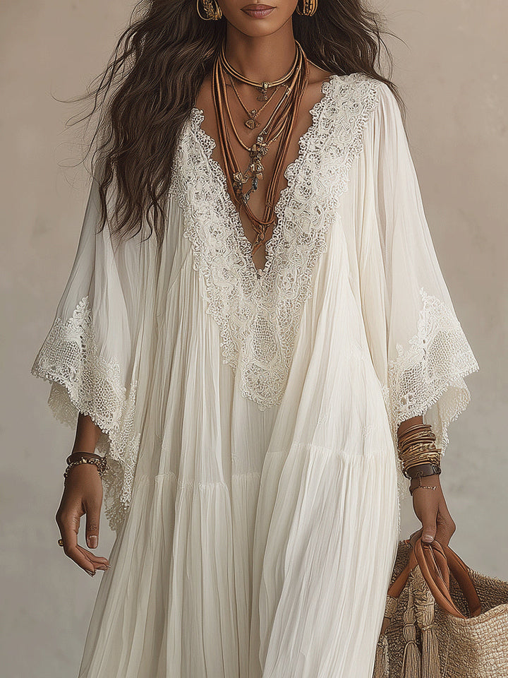Celeste | Robe Longue à Manches Chauve-Souris et Dentelle