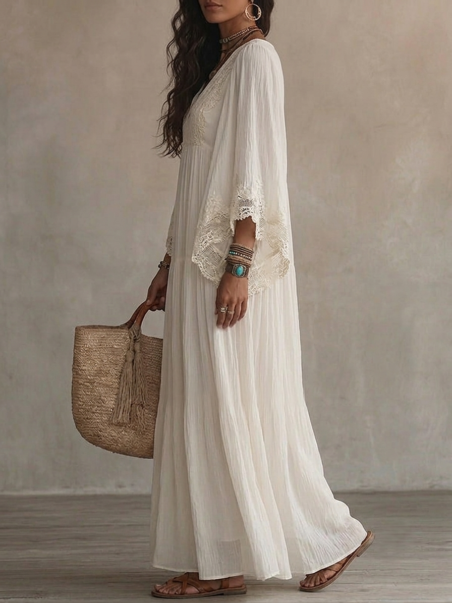 Celeste | Robe Longue à Manches Chauve-Souris et Dentelle