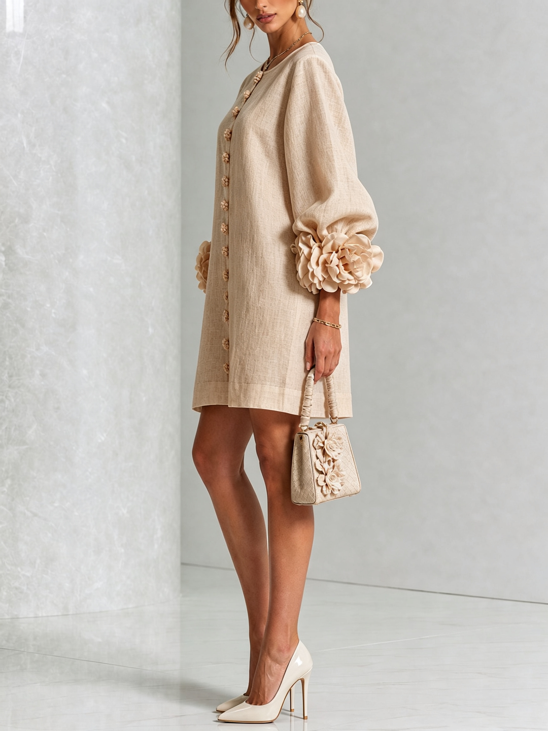 Joséphine | Robe Mini Boutonnée Florale Blanche à Manches Fleuries