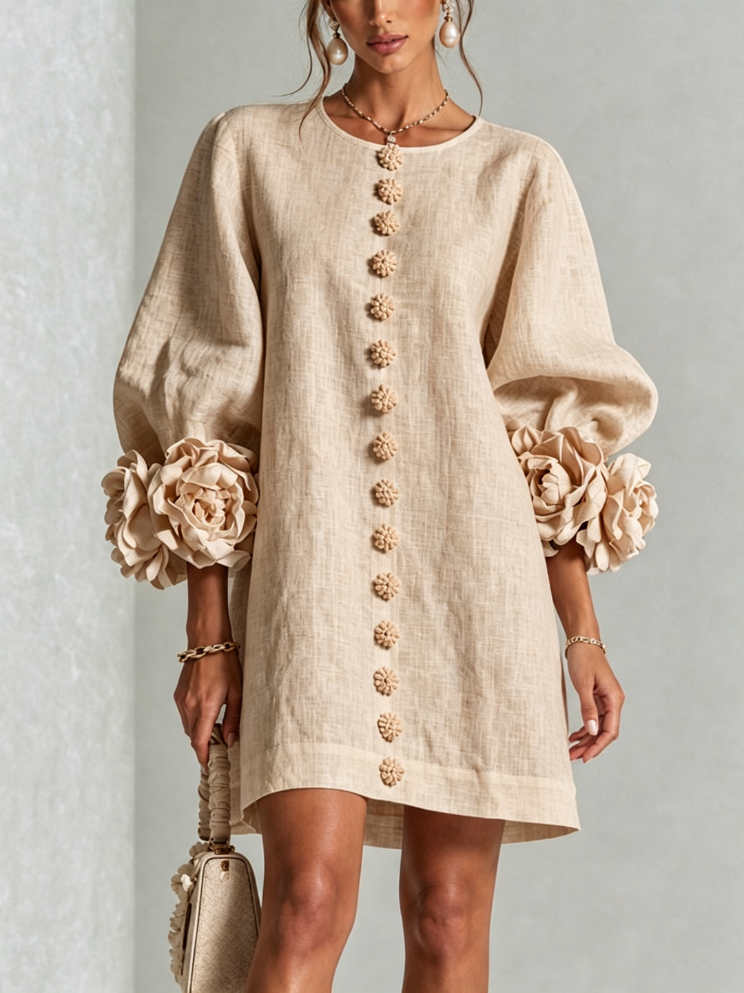 Joséphine | Robe Mini Boutonnée Florale Blanche à Manches Fleuries