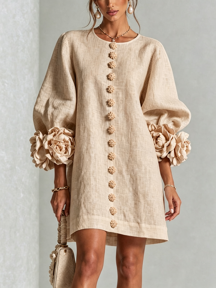 Joséphine | Robe Mini Boutonnée Florale Blanche à Manches Fleuries