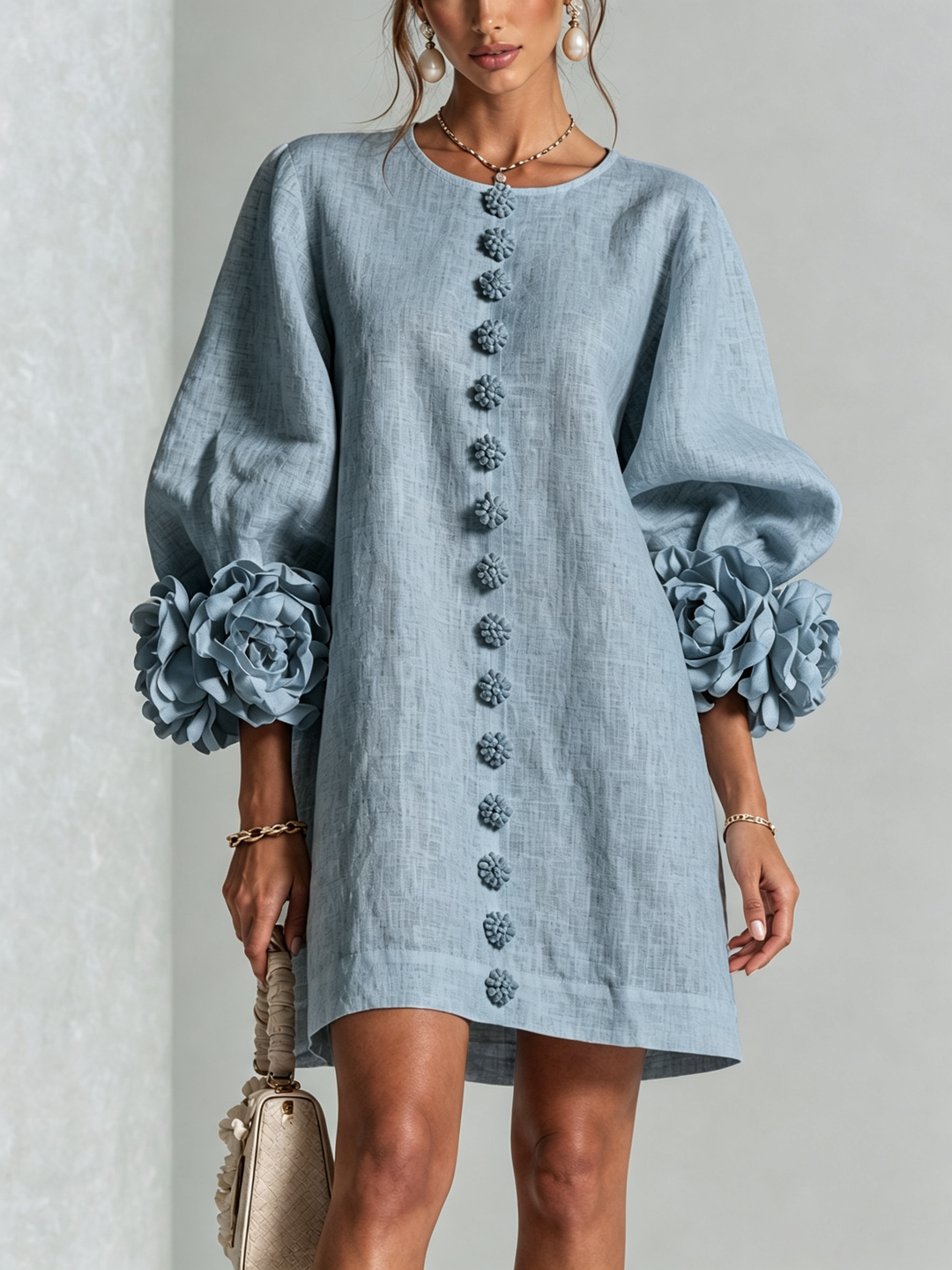 Joséphine | Robe Mini Boutonnée Florale Blanche à Manches Fleuries