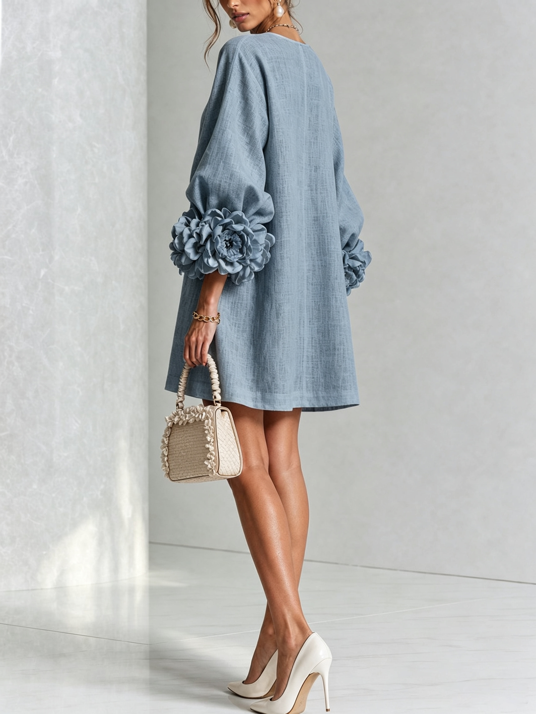 Joséphine | Robe Mini Boutonnée Florale Blanche à Manches Fleuries