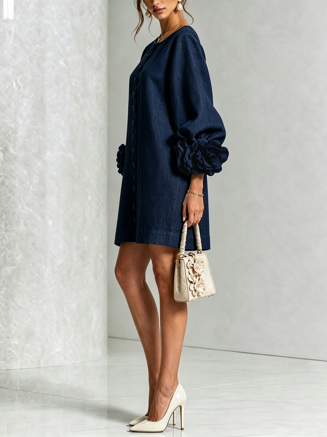Joséphine | Robe Mini Boutonnée Florale Blanche à Manches Fleuries