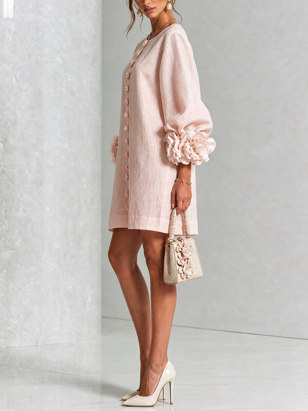 Joséphine | Robe Mini Boutonnée Florale Blanche à Manches Fleuries