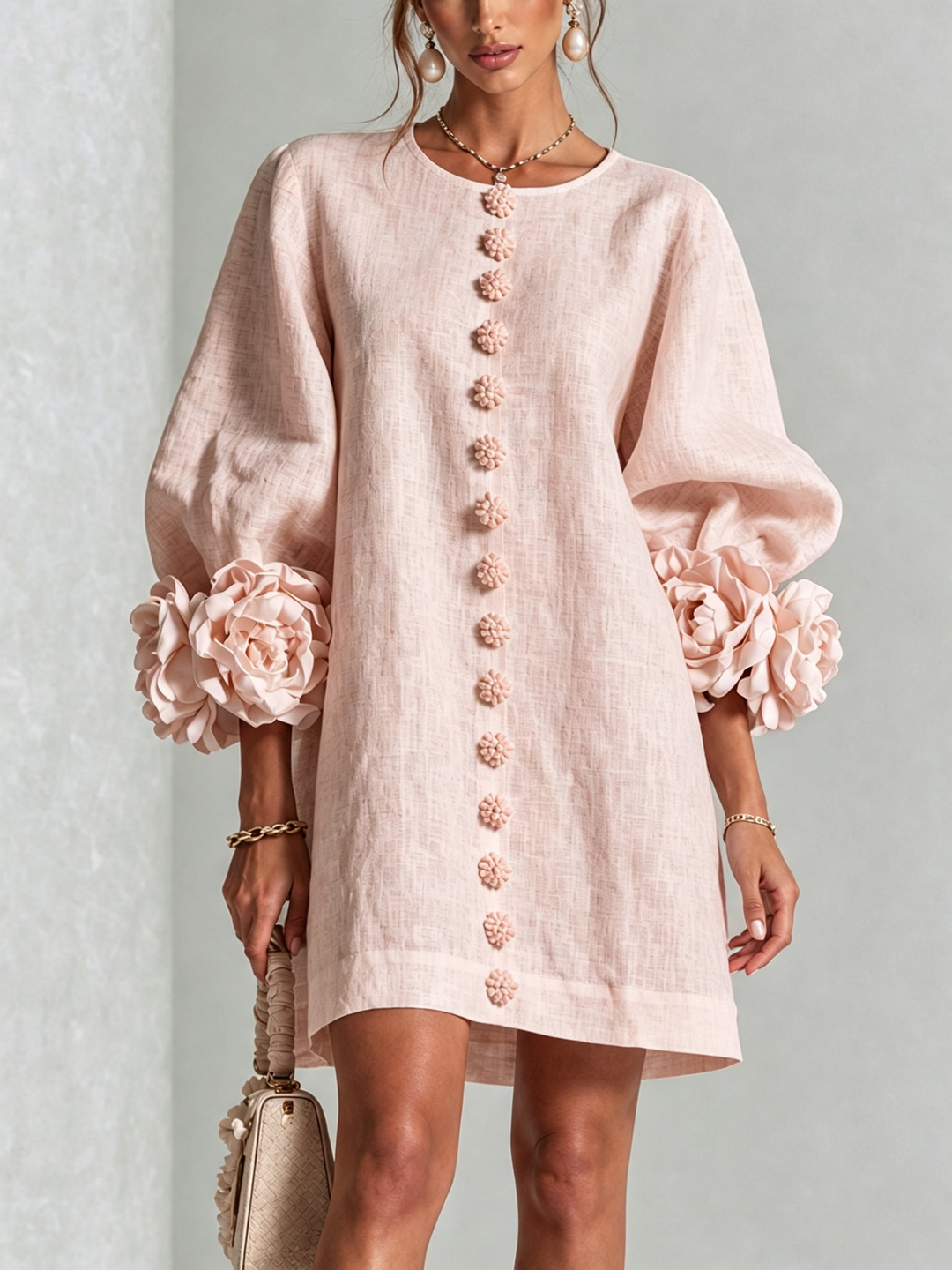 Joséphine | Robe Mini Boutonnée Florale Blanche à Manches Fleuries