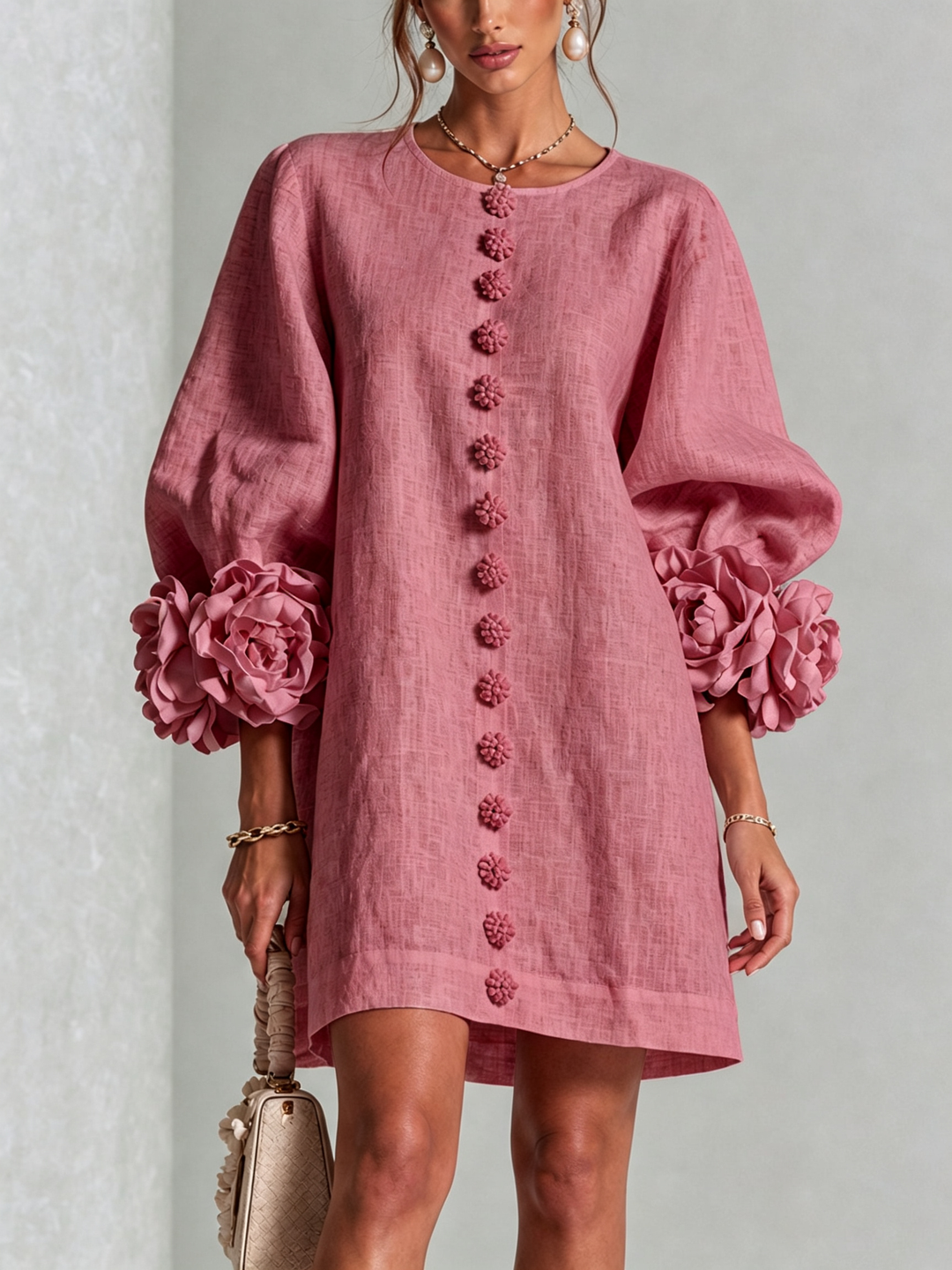 Joséphine | Robe Mini Boutonnée Florale Blanche à Manches Fleuries