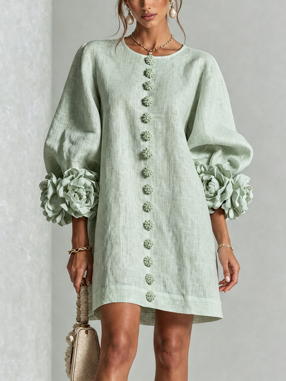 Joséphine | Robe Mini Boutonnée Florale Blanche à Manches Fleuries